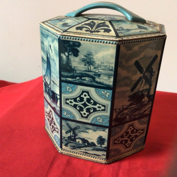 Vintage “Container Made in Western Germany” Tin 🩵 Blue White Windmills Sailboats - Picture 3 of 10